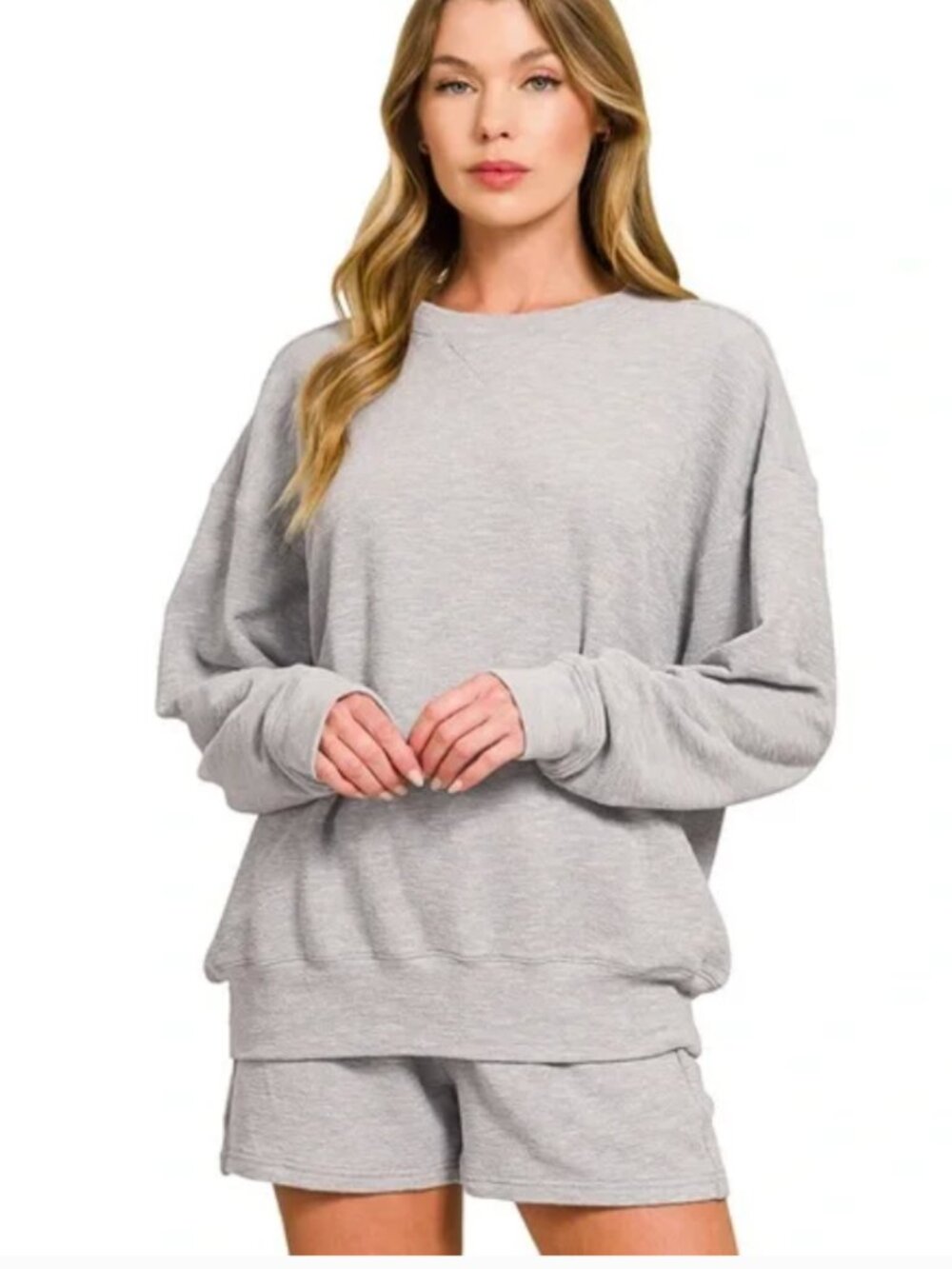 Zenana Slub Knit Pullover Lounge Set Heather Gray Matching Set Size Small